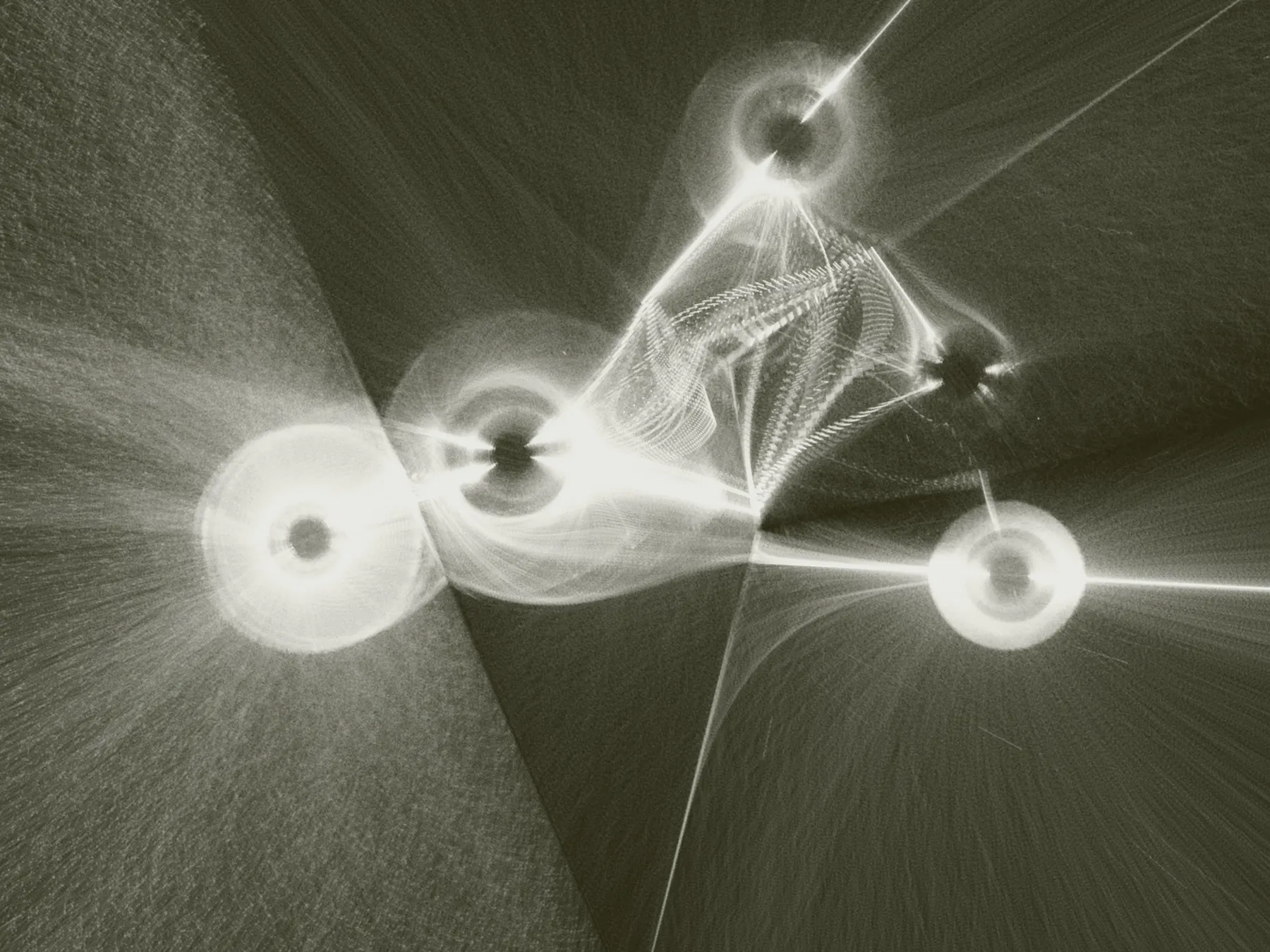 Edge of Space — a still frame from the animated work: bright filaments and luminous spheres drawn across a dark field.