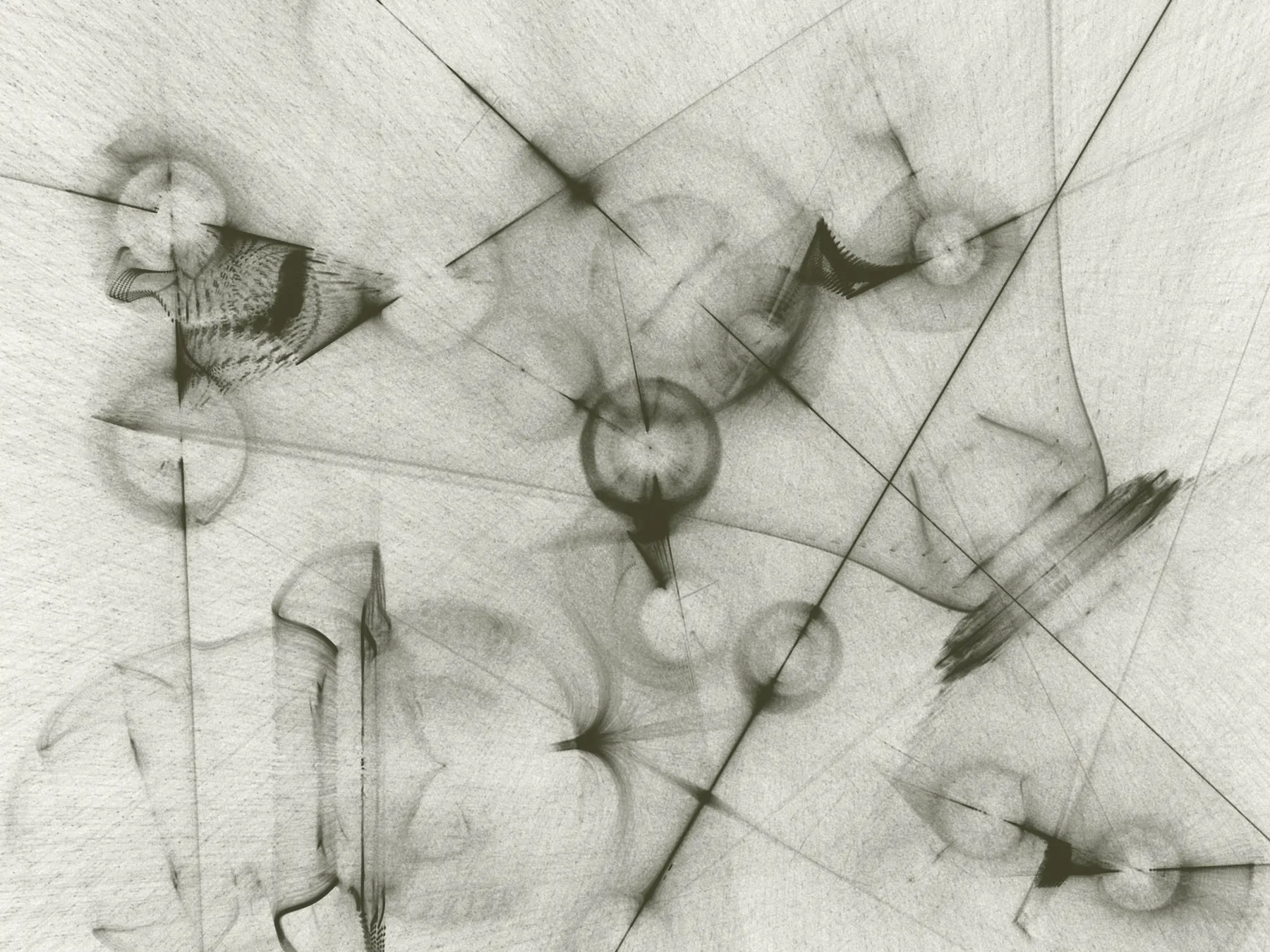 Edge of Space, No. 41 — dark rings and ruled lines suspended in a pale, finely grained graphite field.